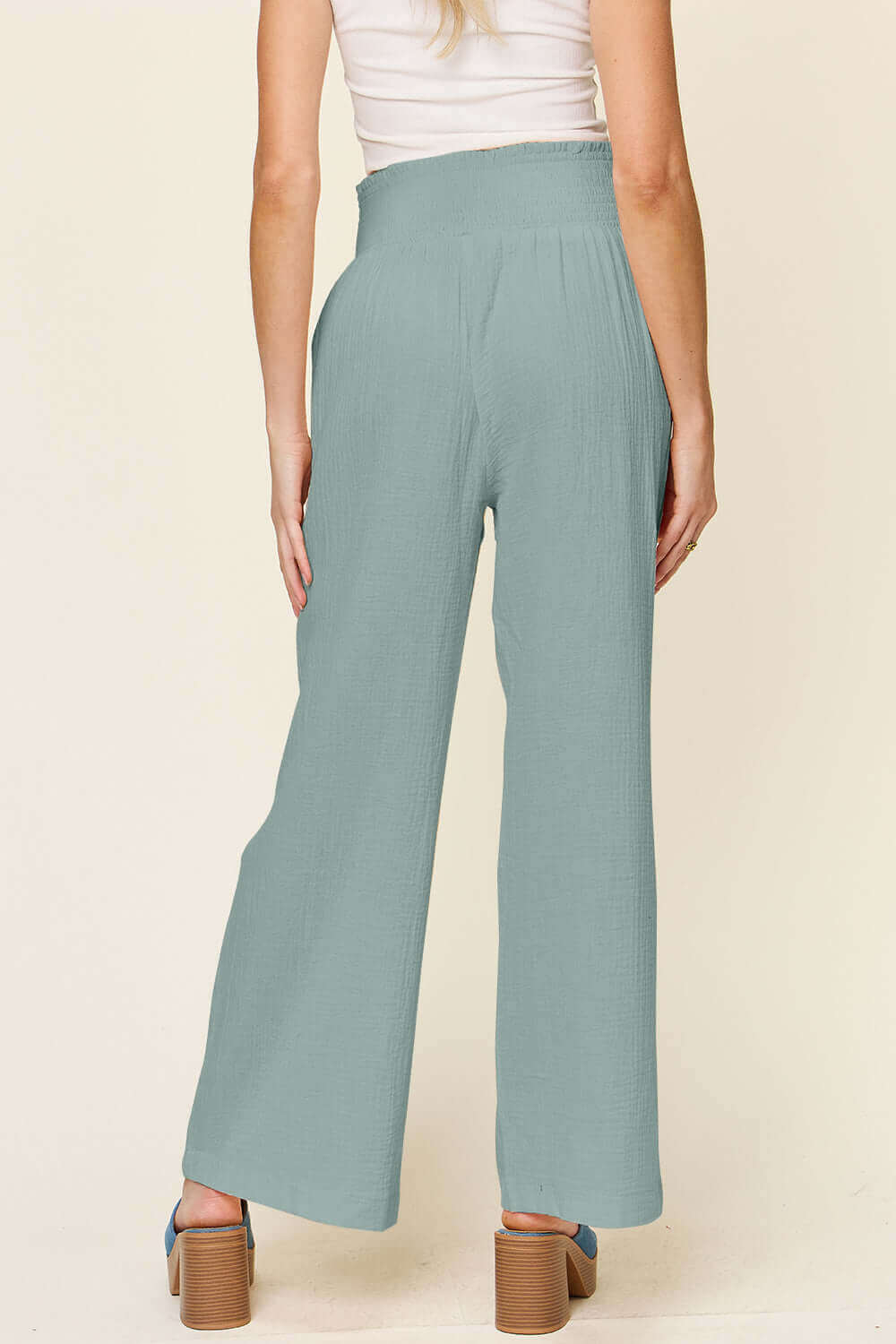 DOUBLE TAKE Full Size Texture Smocked Waist Wide Leg Pants at Bella Road