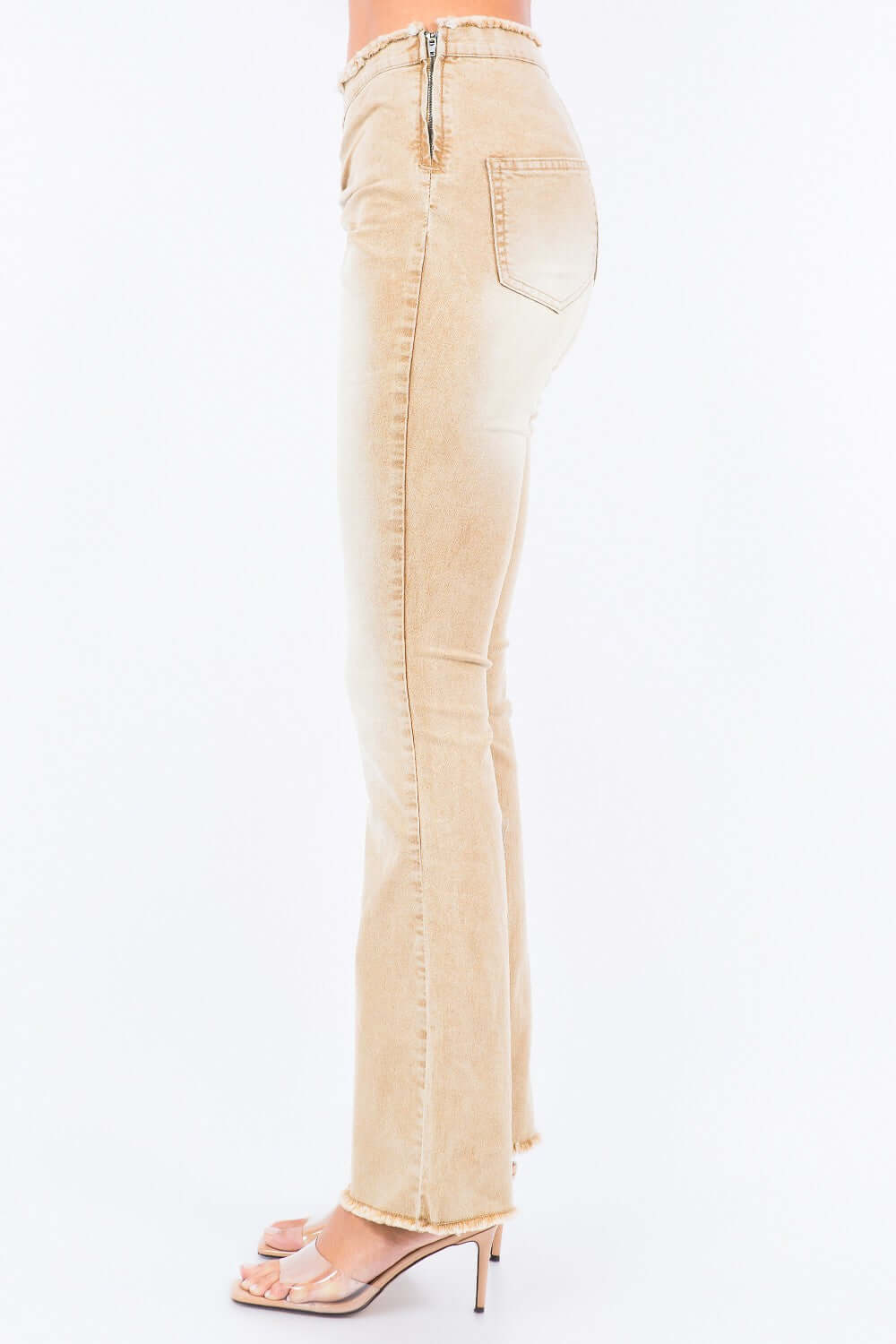 Beige American Bazi V-Cut ruched flare pants with side zipper and slim-fitting silhouette.