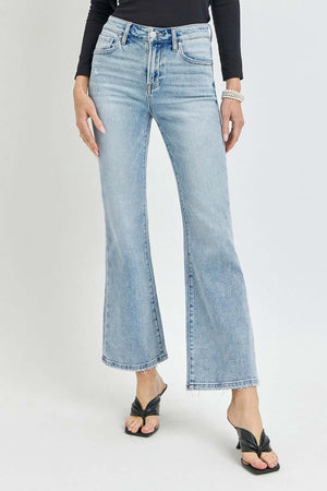 High Rise Ankle Flare Jeans with a vintage-inspired flared hem and high-waisted fit, perfect for a flattering and comfortable silhouette