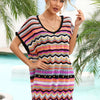 Rainbow Stripe Scalloped V-Neck Cover-Up Dress - Black