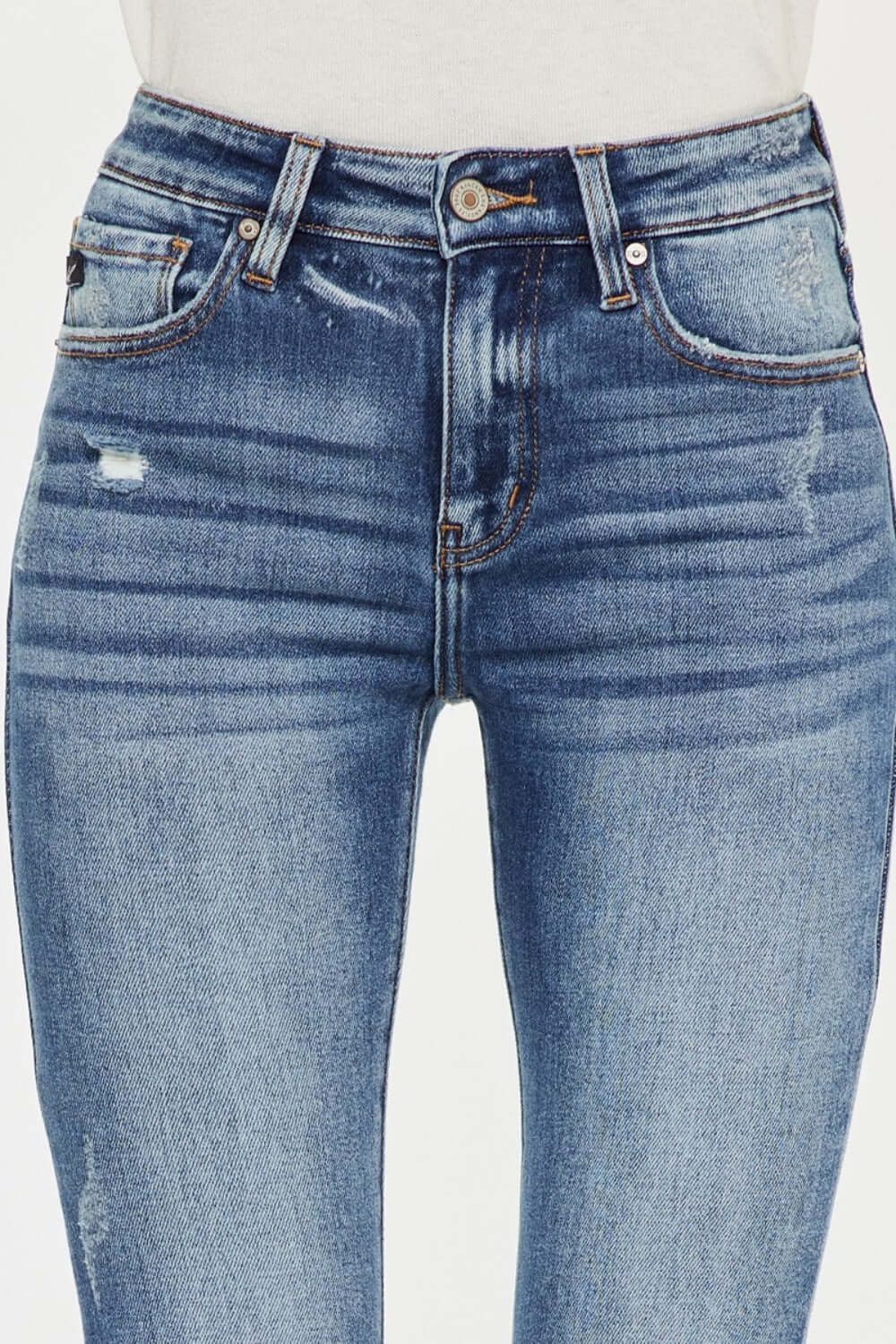 High Waist Distressed Raw Hem Ankle Skinny Jeans - Trendy edgy style with worn-in look, perfect for showcasing your favorite shoes.