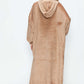 Cozy beige hooded midi lounge dress, perfect for chilly days, featuring soft fabric and a relaxed fit. Ideal for lounging in style!