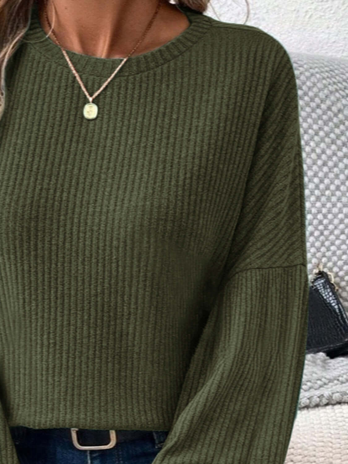 Bella Road Ribbed Round Neck Lantern Sleeve T-Shirt in olive green worn with a necklace.