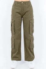 American Bazi high-rise cargo pants with button waist and pockets, styled with white sneakers for a trendy look.