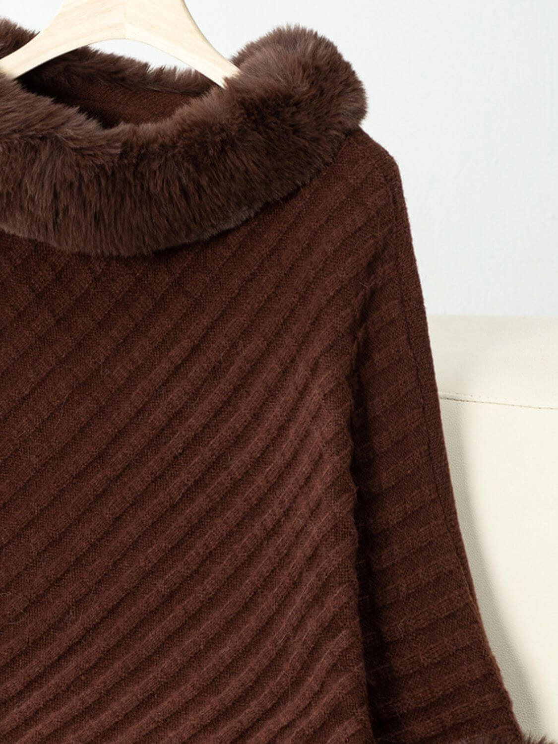 Cozy Bella Road Fuzzy Trim Poncho with textured fabric and plush collar, perfect for chilly day styling.