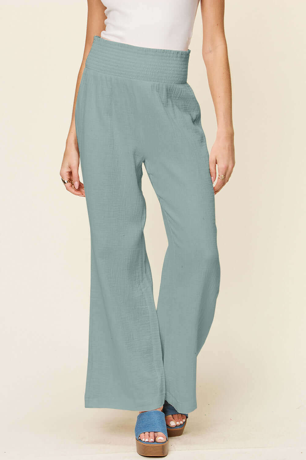 DOUBLE TAKE Full Size Texture Smocked Waist Wide Leg Pants at Bella Road