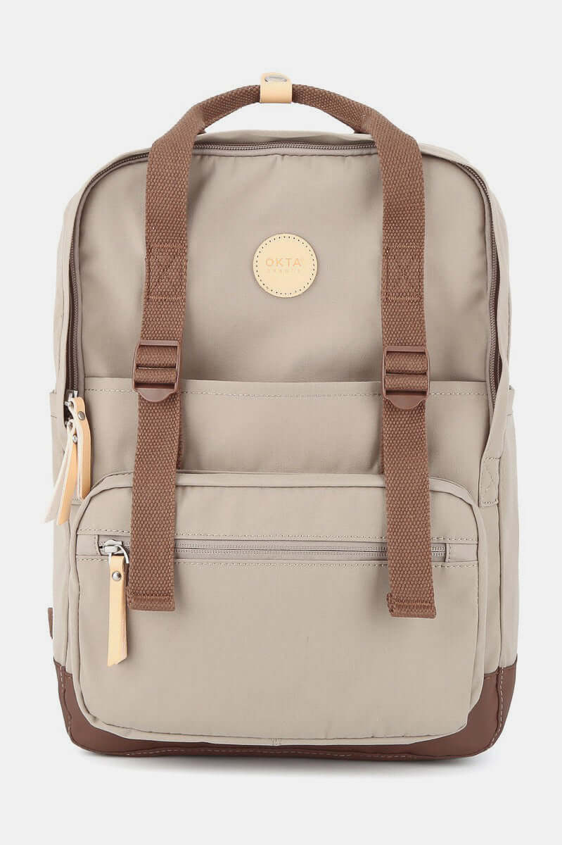 Stylish waterproof canvas backpack bag with side pockets, ideal for adventures, shown in beige with brown straps.