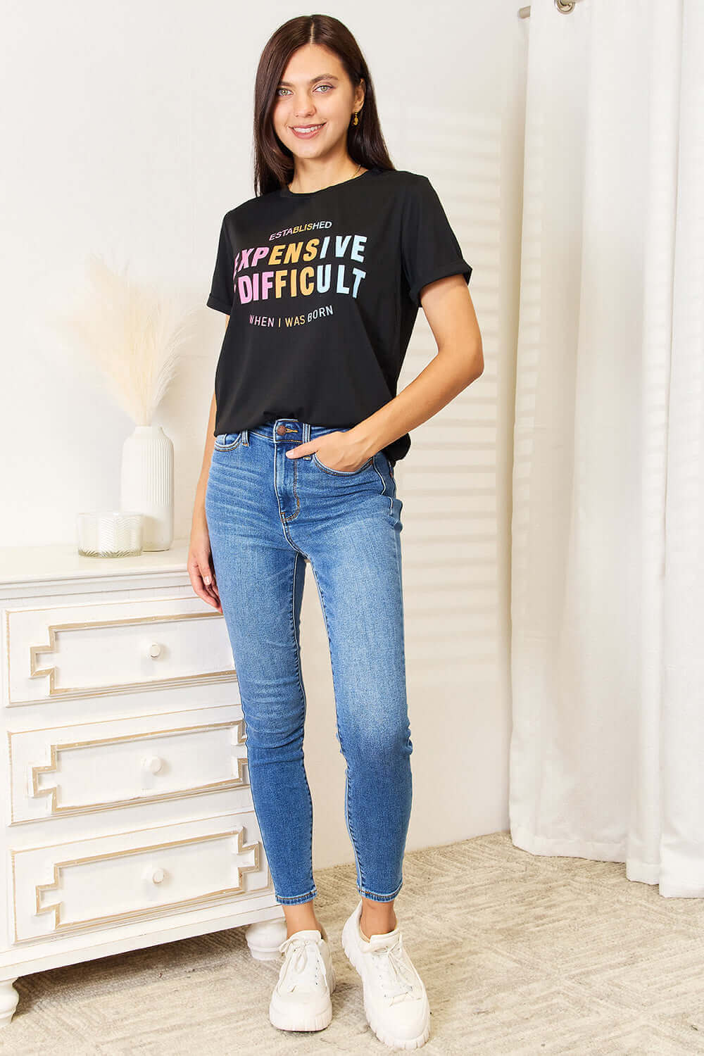 SIMPLY LOVE Slogan Graphic Cuffed Sleeve T-Shirt at Bella Road