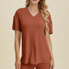 Ribbed V-Neck Short Sleeve Top and Shorts Set - Caramel