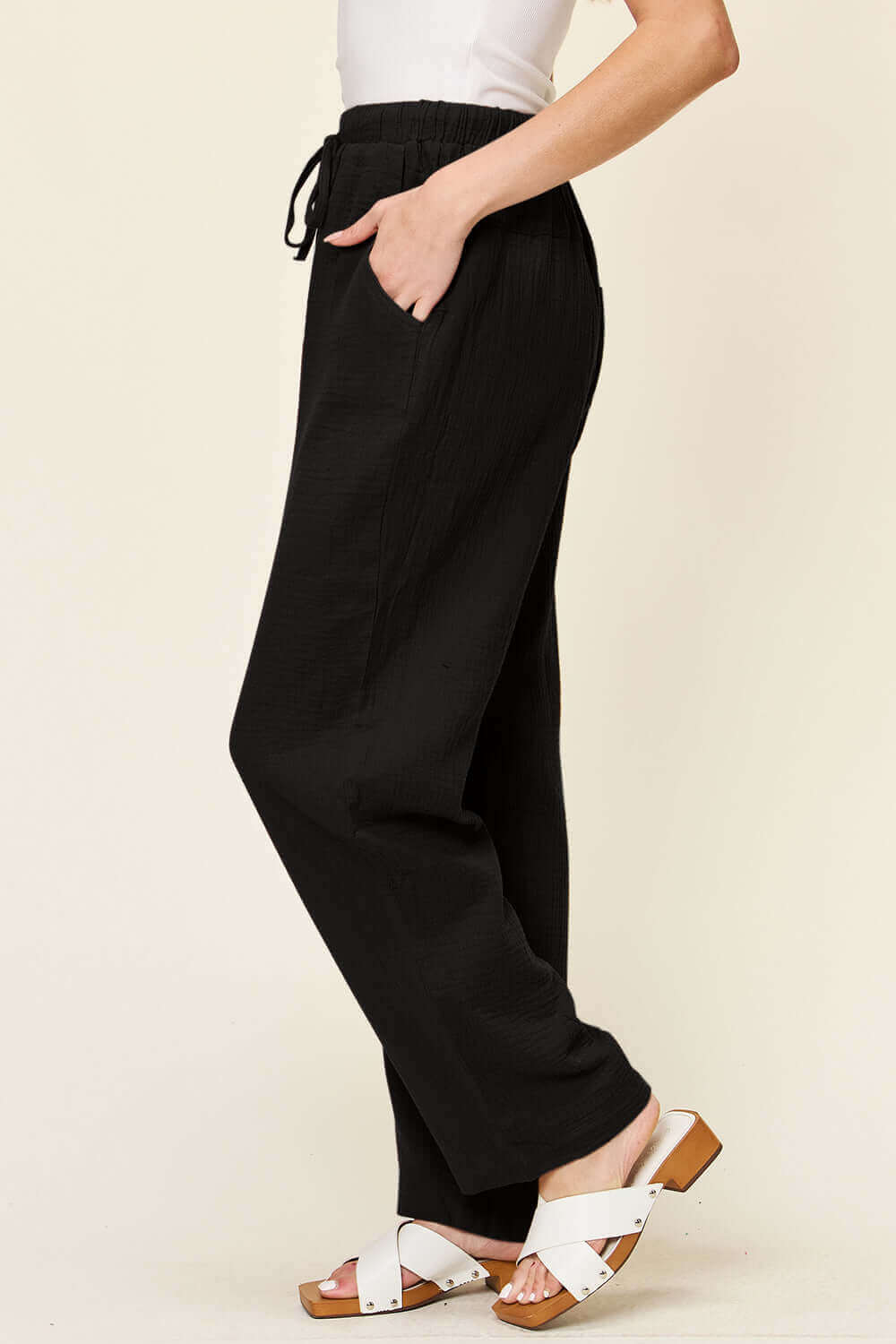 DOUBLE TAKE Full Size Texture Drawstring Straight Pants at Bella Road