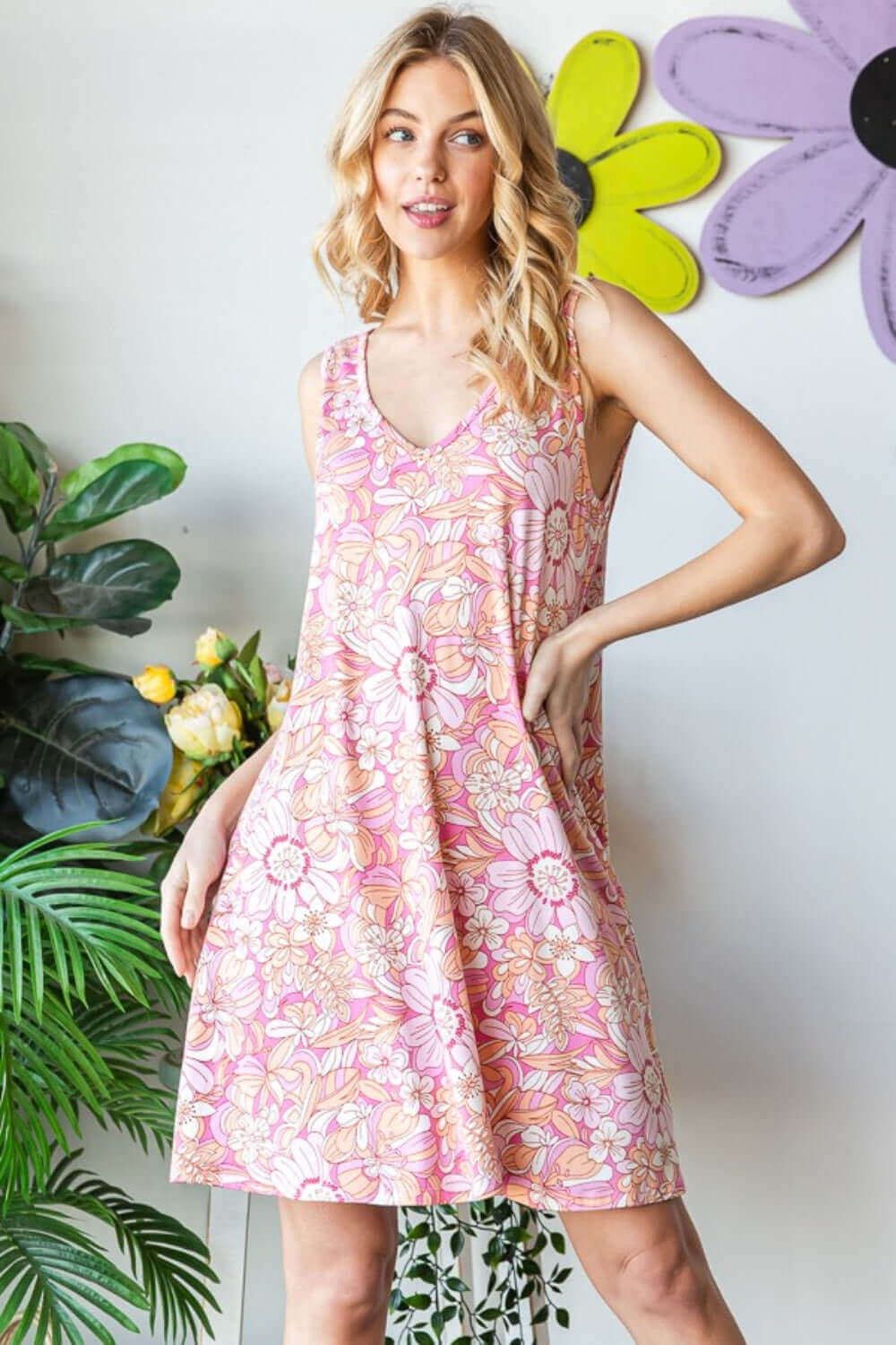 HEIMISH Full Size Floral V-Neck Tank Dress with Pockets at Bella Road