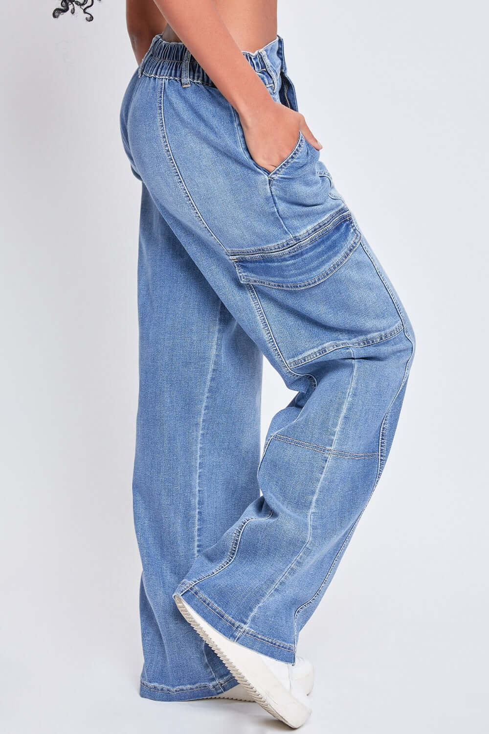 YMI High-Rise Straight Cargo Jeans with stretch denim, elastic waistband, front seams, patch and flap cargo pockets, trending high-waisted design.