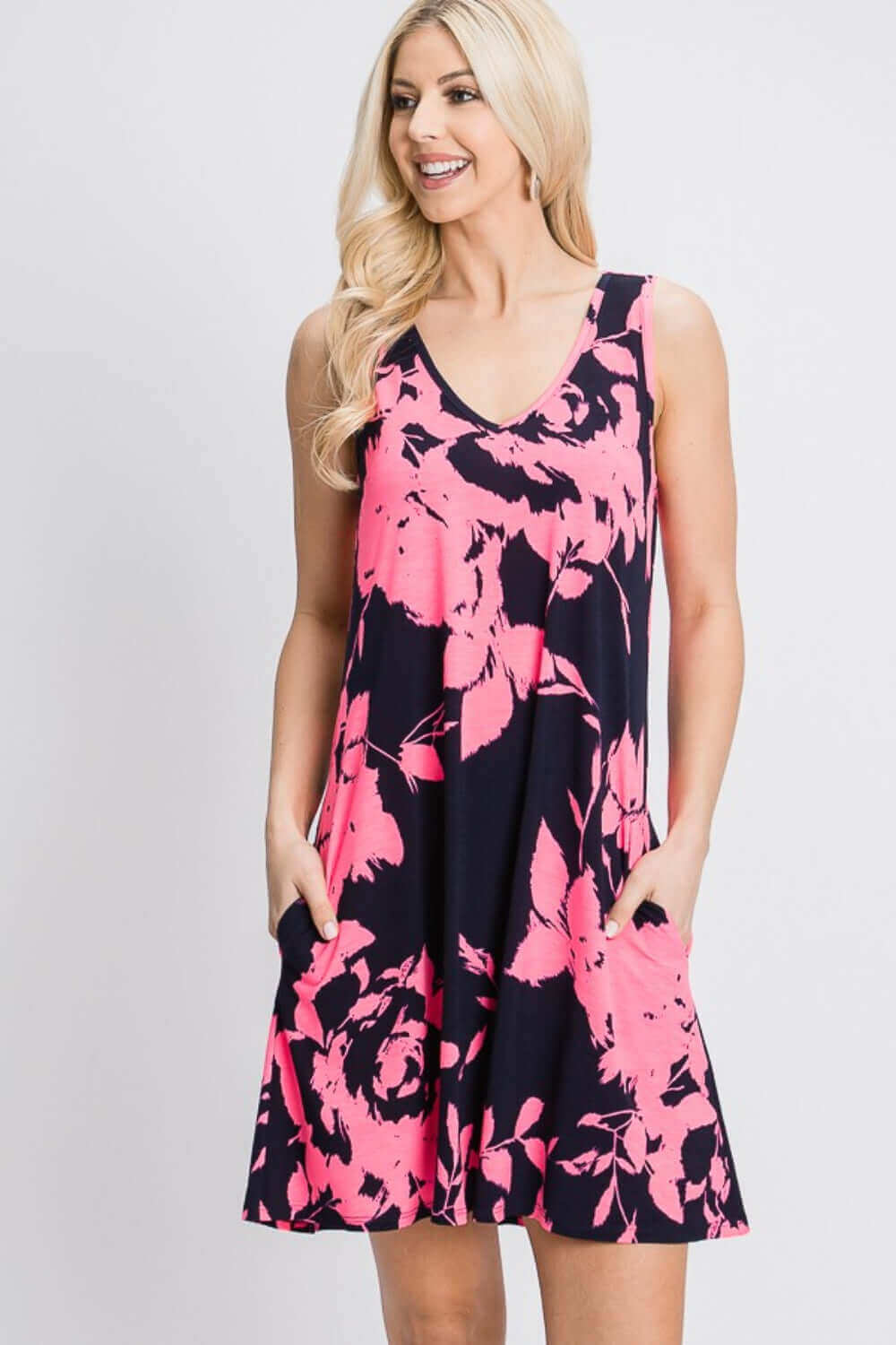 HEIMISH Full Size Floral V-Neck Tank Dress with Pockets at Bella Road