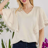 V-Neck Lace Trim Flutter Sleeve Top | Full Size - BEIGE