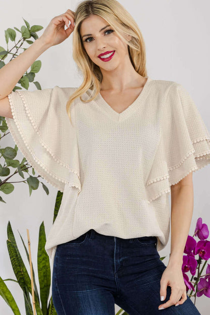 CELESTE Full Size V-Neck Lace Trim Flutter Sleeve Top at Bella Road