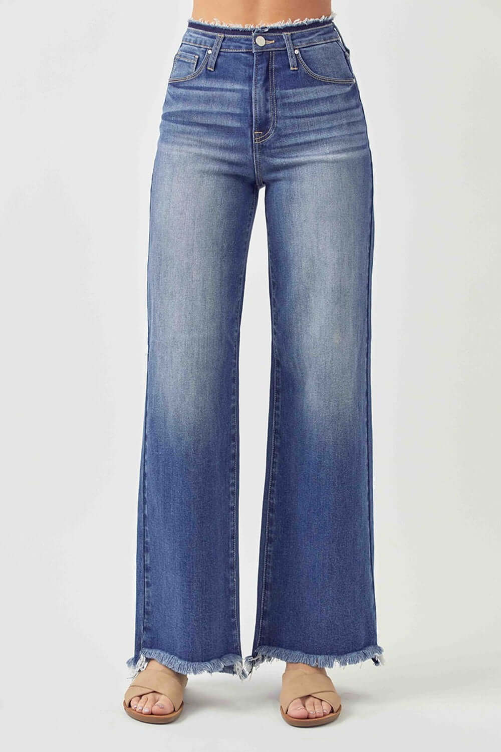 Elevate your style with high waist raw hem wide leg Risen Jeans for a trendy and chic wardrobe staple.