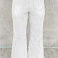 Distressed raw hem white jeans with pockets, back view, showing trendy flared leg design.