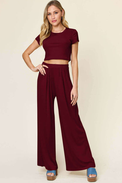 DOUBLE TAKE Full Size Round Neck Top and Pants Set at Bella Road