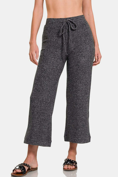 Comfy Zenana drawstring hacci cropped pants in dark grey, featuring a relaxed fit and stylish design perfect for casual looks.