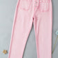 Pink raw hem button-fly jeans with pockets for petites, perfect for casual wear, made with 98% cotton and 2% elastane.