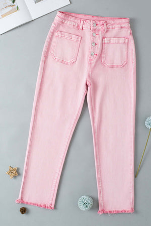 Pink raw hem button-fly jeans with pockets for petites, perfect for casual wear, made with 98% cotton and 2% elastane.