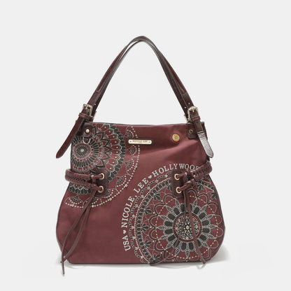 Nicole Lee USA Side Braided Tassel Inlaid Rhinestone Embroidery Hobo Bag in medium size with adjustable, dual shoulder straps.