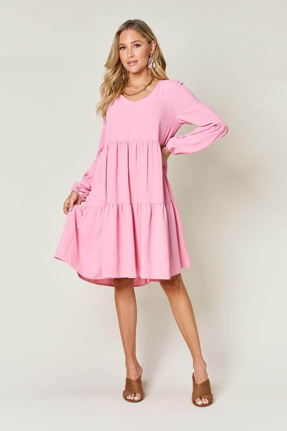 DOUBLE TAKE Full Size V-Neck Balloon Sleeve Tiered Dress at Bella Road