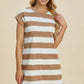 Woman wearing Basic Bae Full Size Striped Round Neck Cap Sleeve Mini Dress in brown and white stripes