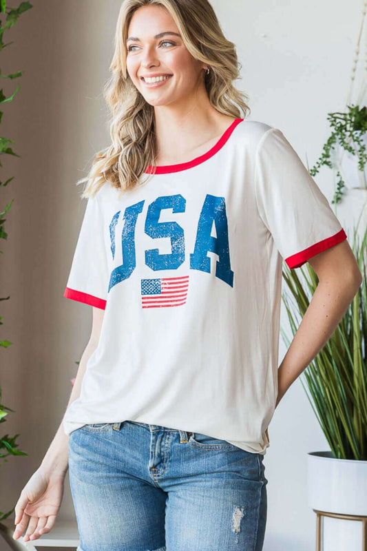 HEIMISH Full Size USA Contrast Trim Short Sleeve T-Shirt at Bella Road