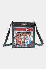 Nicole Lee USA Nikky Crossbody Bag made from eco-leather with front comic print zipper pocket and main zipper closure.