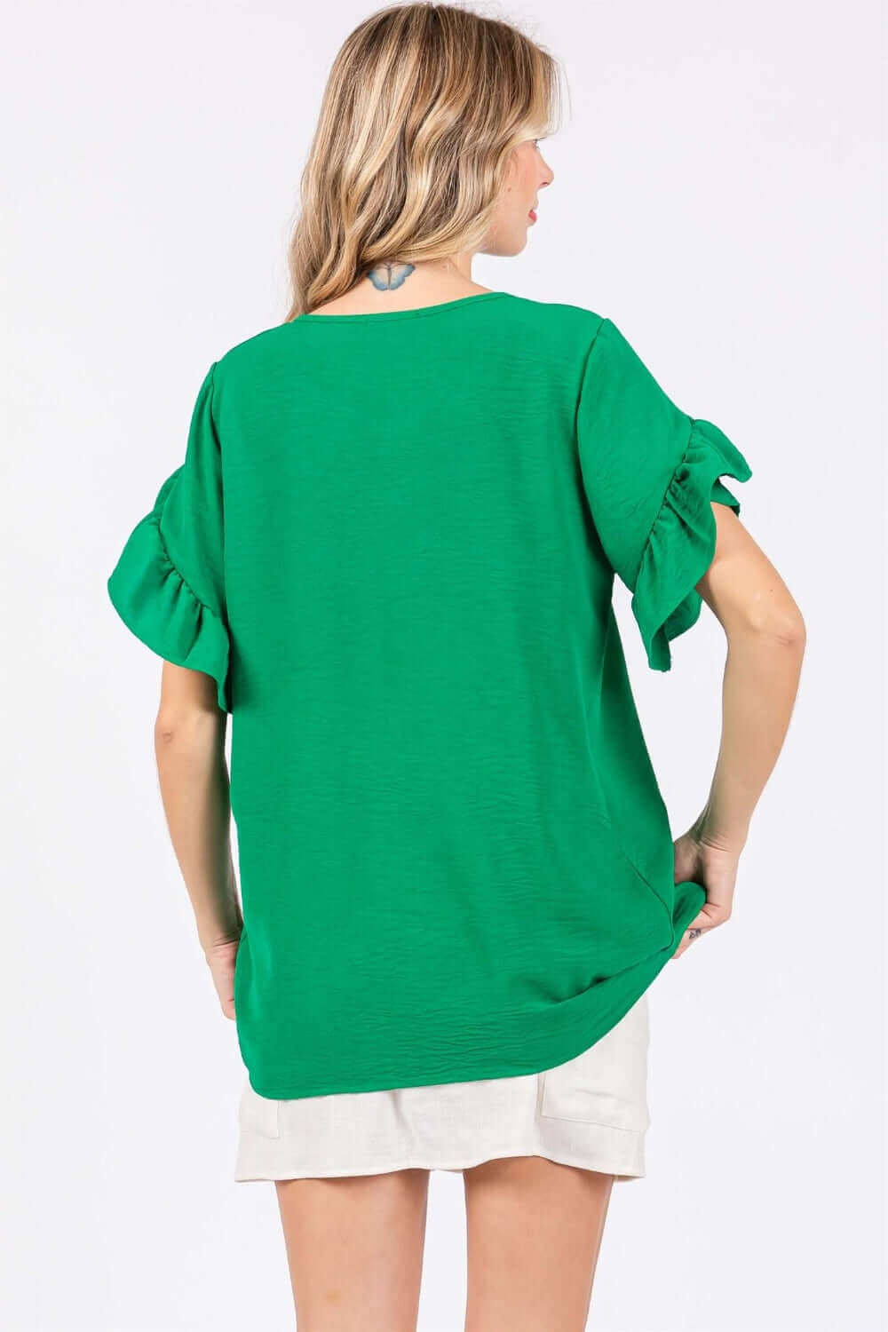 GEEGEE Ruffled Short Sleeve V-Neck Blouse at Bella Road