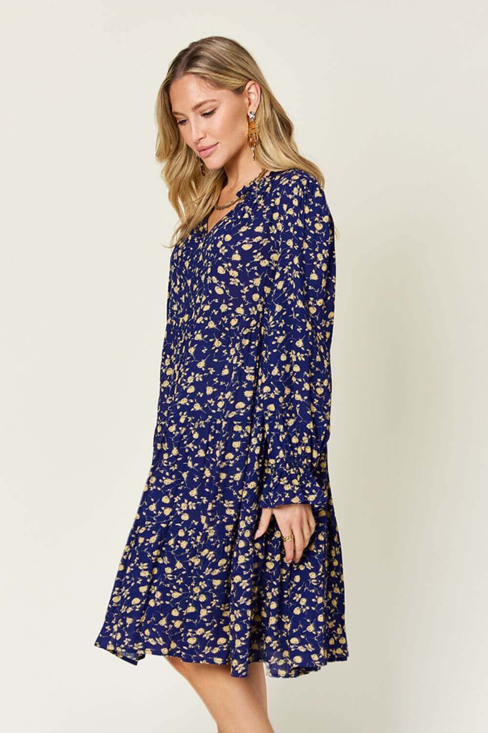 DOUBLE TAKE Full Size Printed Ruffle Hem Long Sleeve Dress at Bella Road