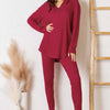 Notched Long Sleeve Top and Pants Set - Deep Red