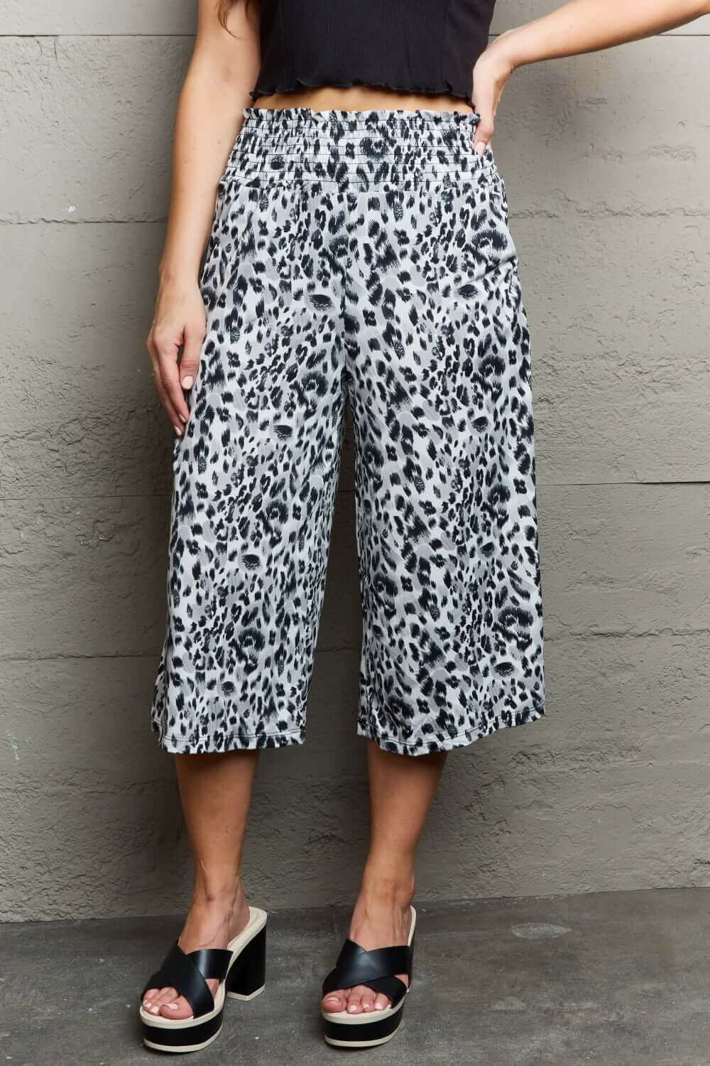 NINEXIS Leopard High Waist Flowy Wide Leg Pants with Pockets at Bella Road