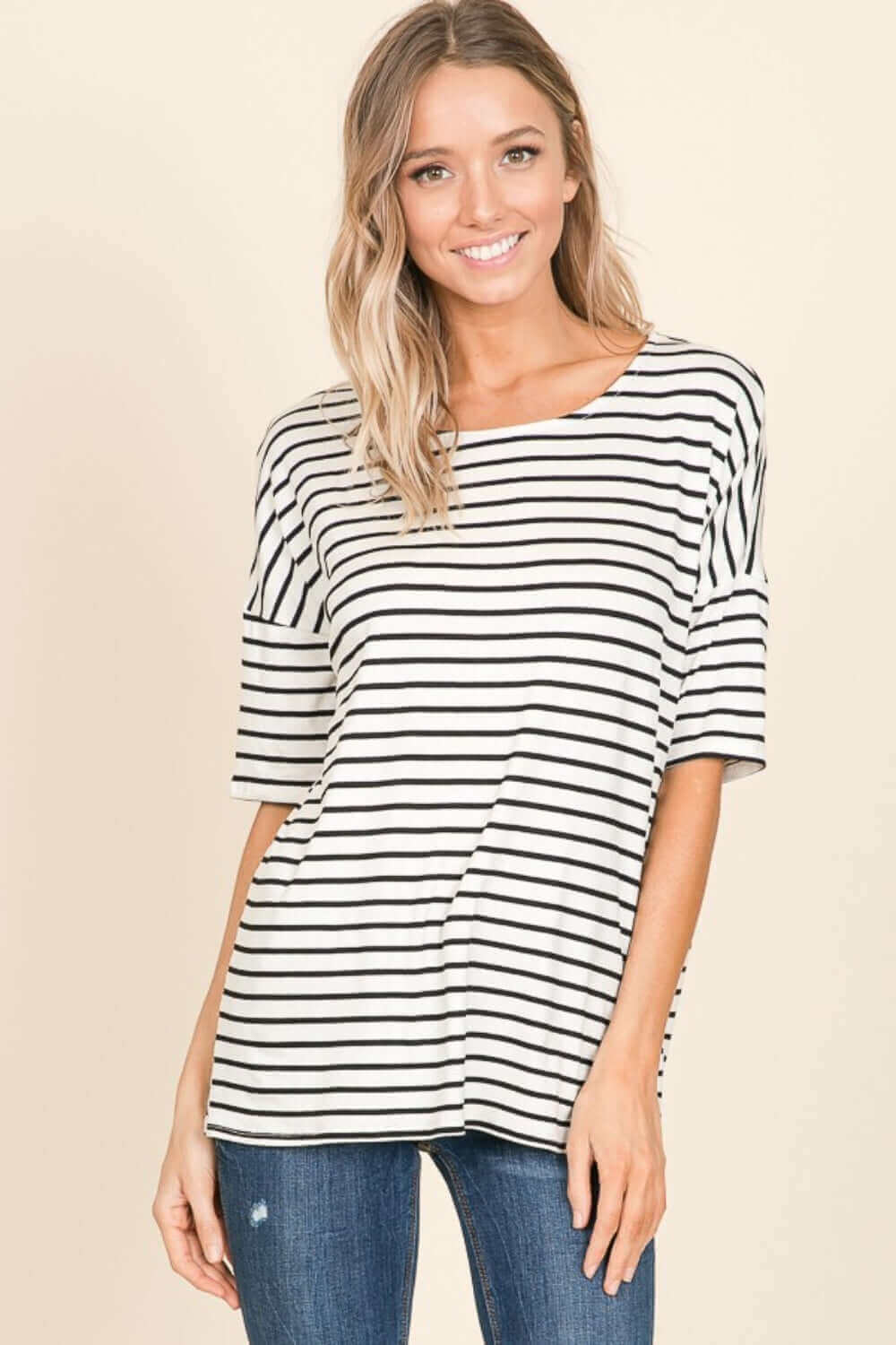 BOMBOM Striped Round Neck T-Shirt at Bella Road