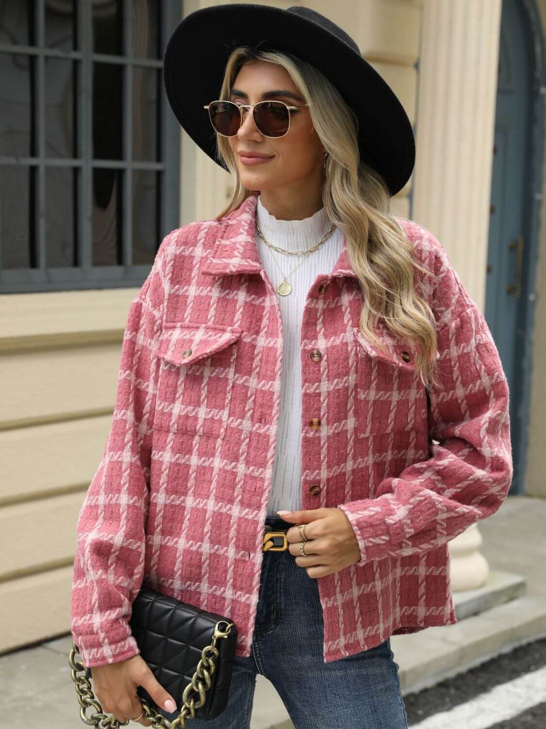 Woman wearing Bella Road Plaid Collared Neck Long Sleeve Jacket, black hat, sunglasses, and holding a black quilted purse.