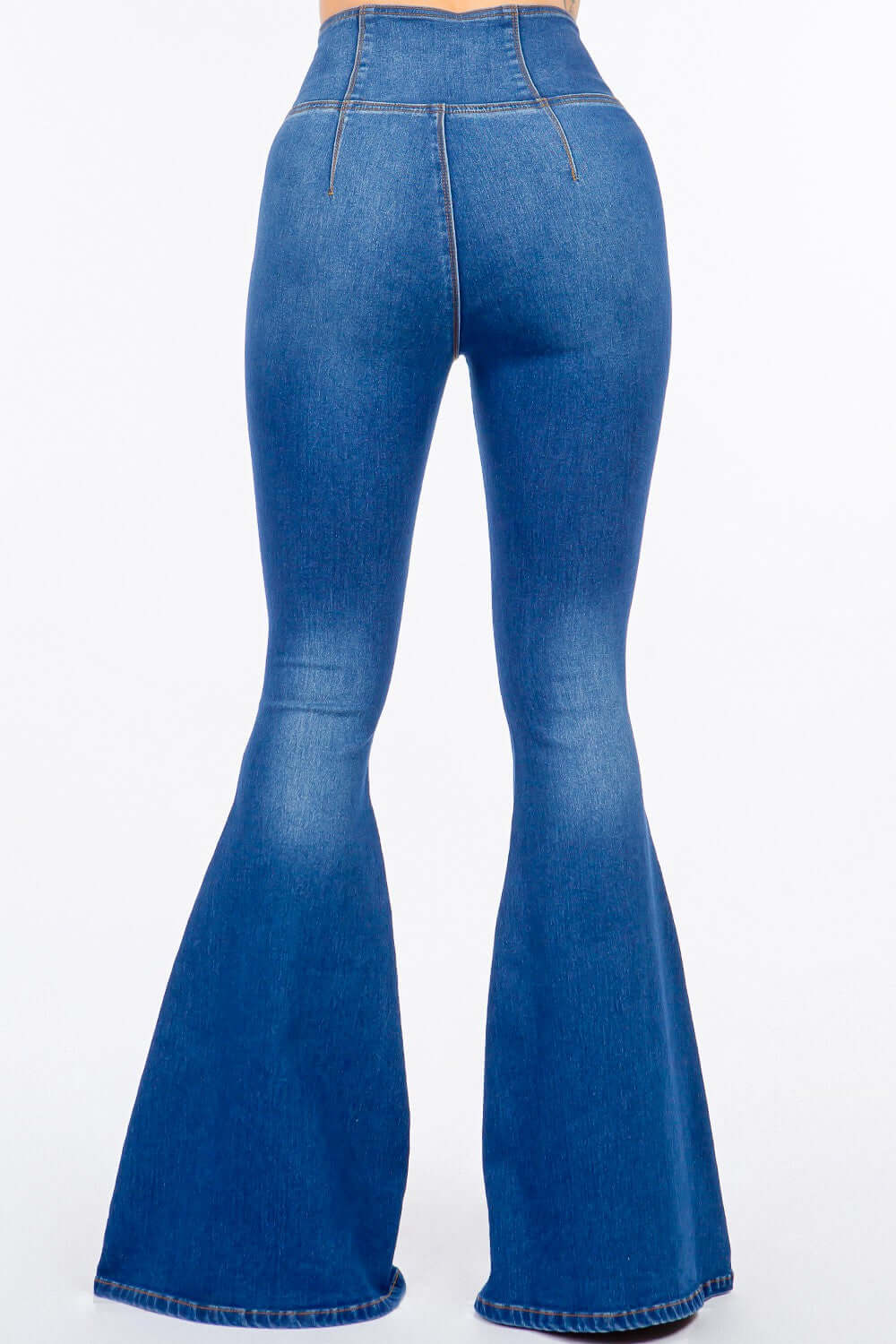 High waist pull-on flare jeans in blue stretchy denim showing back view for a sleek and modern look.