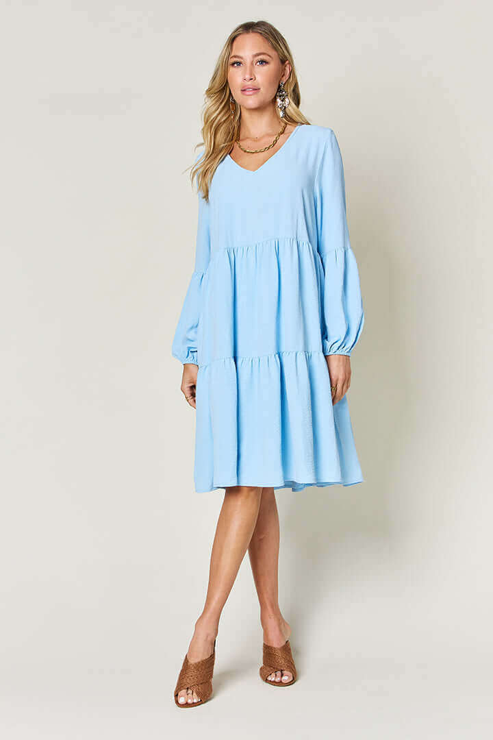 DOUBLE TAKE Full Size V-Neck Balloon Sleeve Tiered Dress at Bella Road