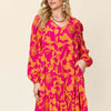 Printed Ruffle Hem Long Sleeve Dress | Full Size - Deep Rose