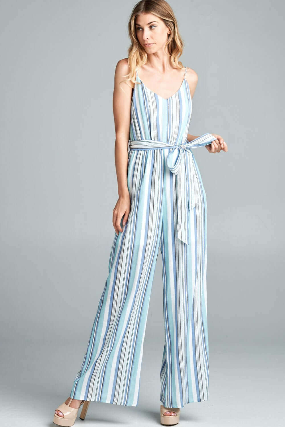 COTTON BLEU Tie Front Striped Sleeveless Jumpsuit at Bella Road