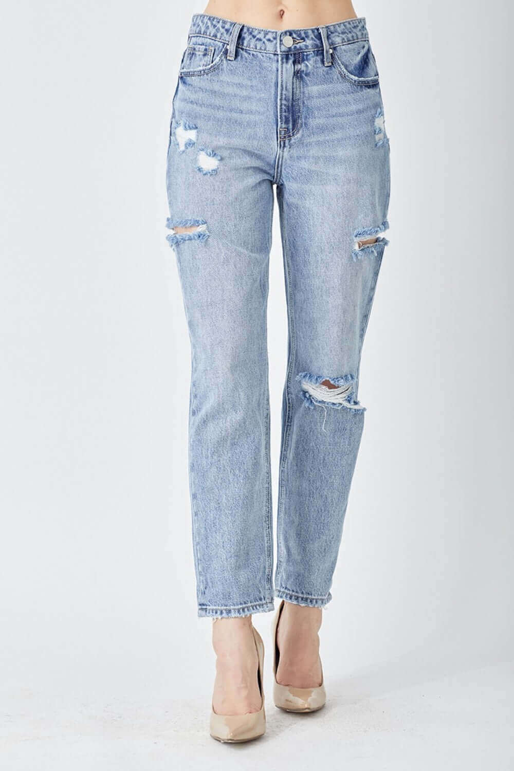 Distressed Slim Cropped Risen Jeans with edgy rips and a flattering fit