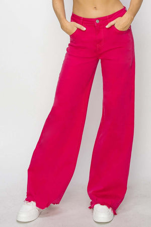 Risen high rise wide leg jeans in vibrant pink color for a retro-inspired and stylish look. Perfect for an on-trend denim collection.