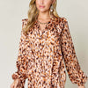 Printed Ruffle Trim Balloon Sleeve Shirt | Full Size - Ochre