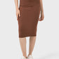 Model wearing a brown Millennia Slit Wrap Active Skirt, perfect for active lifestyles and casual wear.