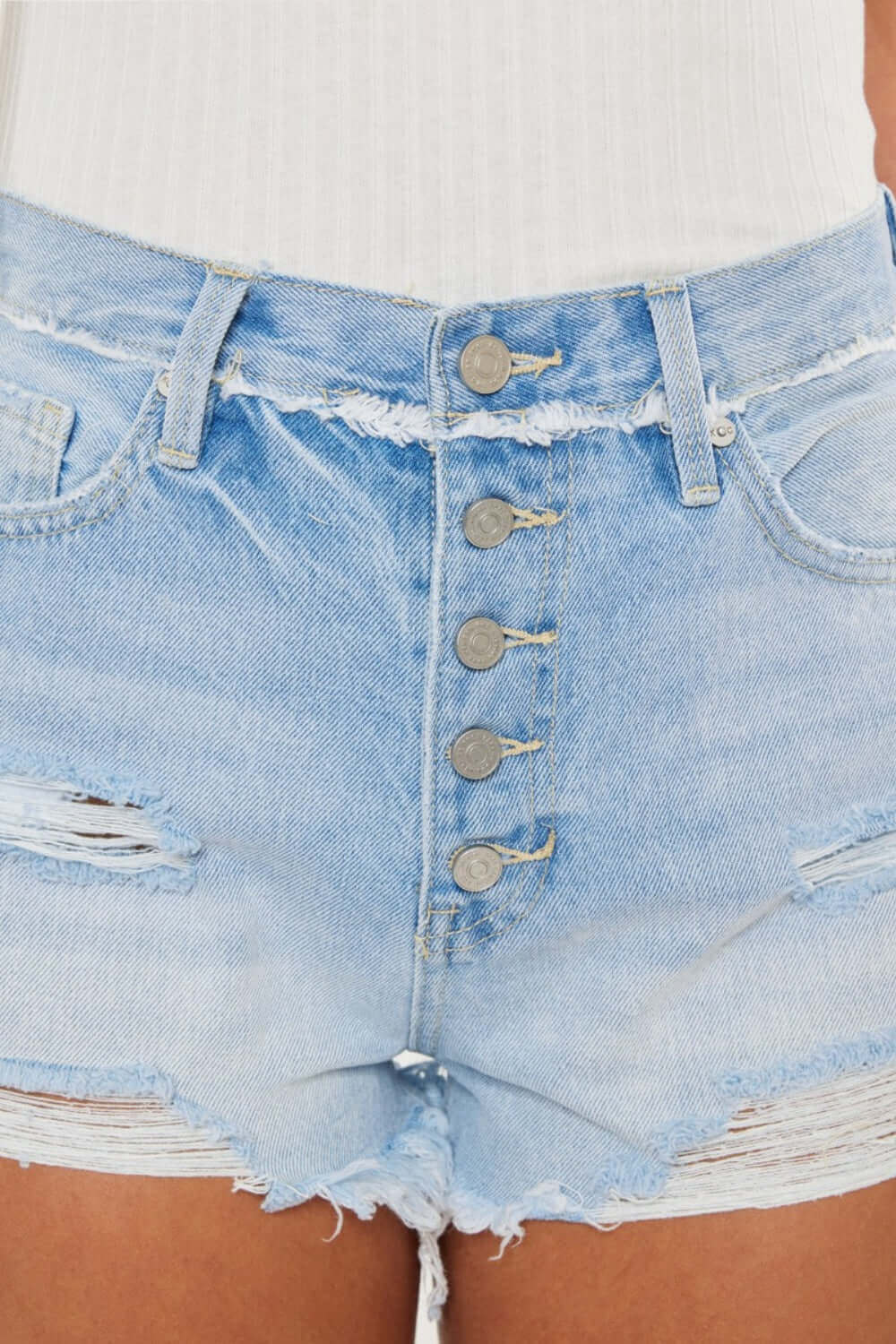 KANCAN Distressed Button Fly Denim Shorts at Bella Road