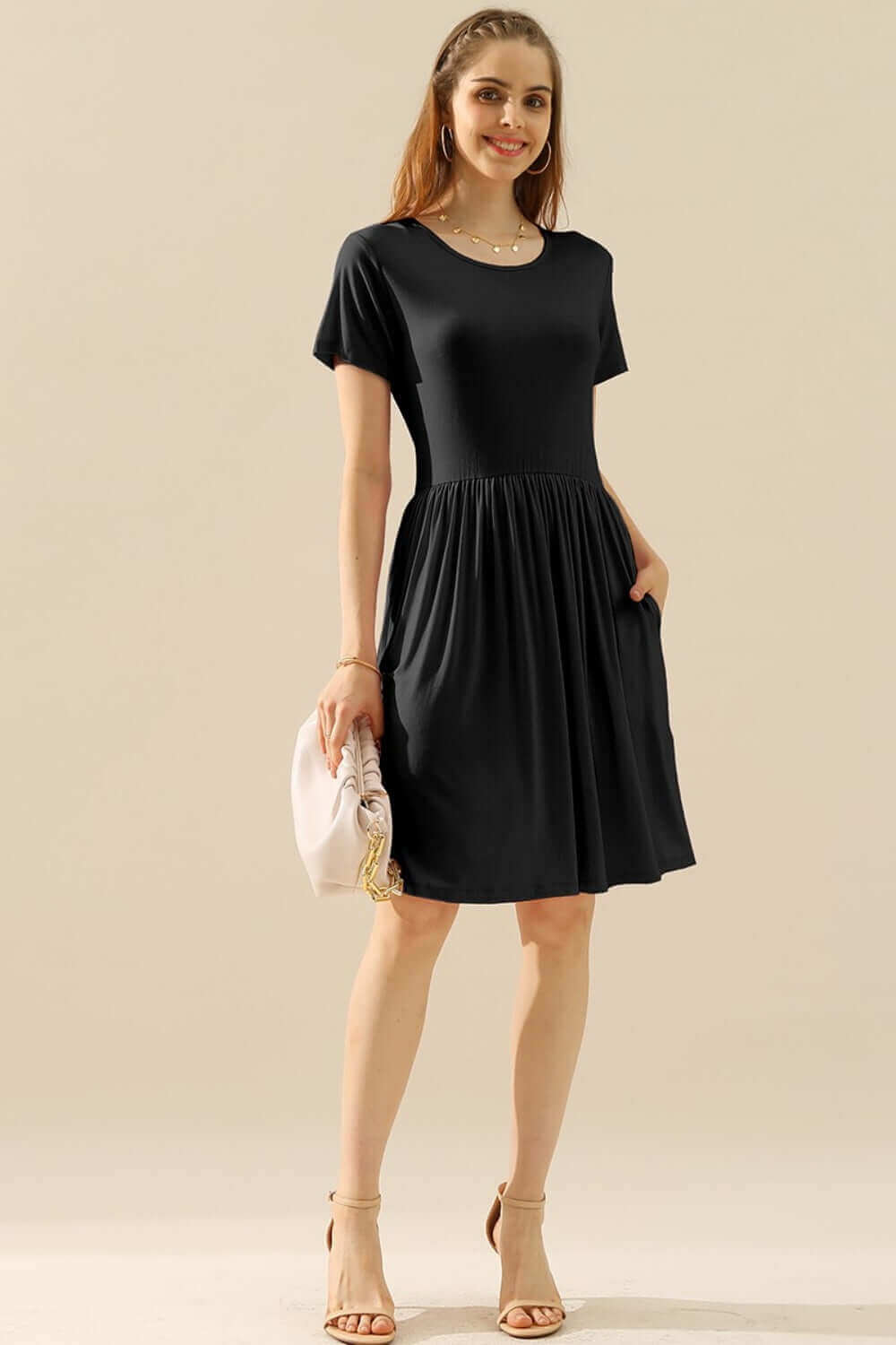 NINEXIS Full Size Round Neck Ruched Dress with Pockets at Bella Road