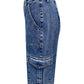 Side view of Bella Road high rise straight jeans featuring cargo pockets and a medium wash denim finish.