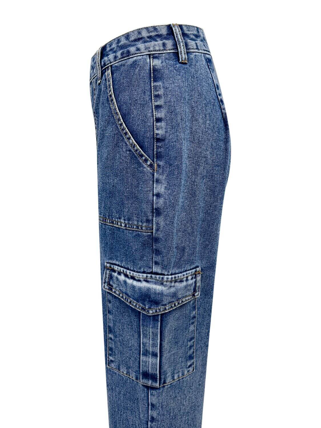 Side view of Bella Road high rise straight jeans featuring cargo pockets and a medium wash denim finish.