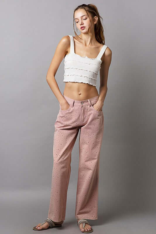 Stylish model wearing POL Embellishments Gradient Wide Leg Pants with decorative details and a trendy crop top.