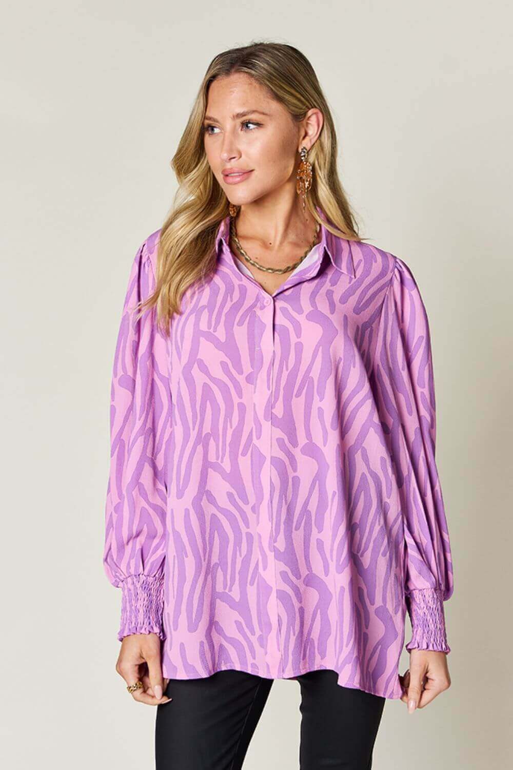 DOUBLE TAKE Full Size Printed Smocked Long Sleeve Blouse at Bella Road